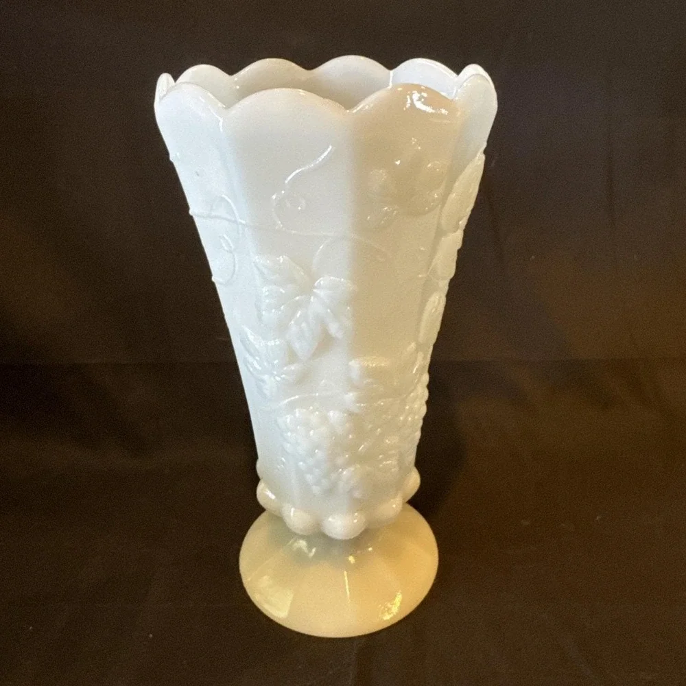 Vtg Pedestal Scalloped Edge Milk Glass Paneled Vase Grapes Motif, 9